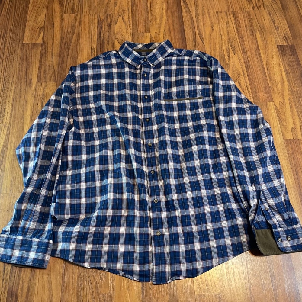 Cabelas Mens XLT Tall Plaid Button Down Shirt Blue Long Sleeve Cotton Blend Hole